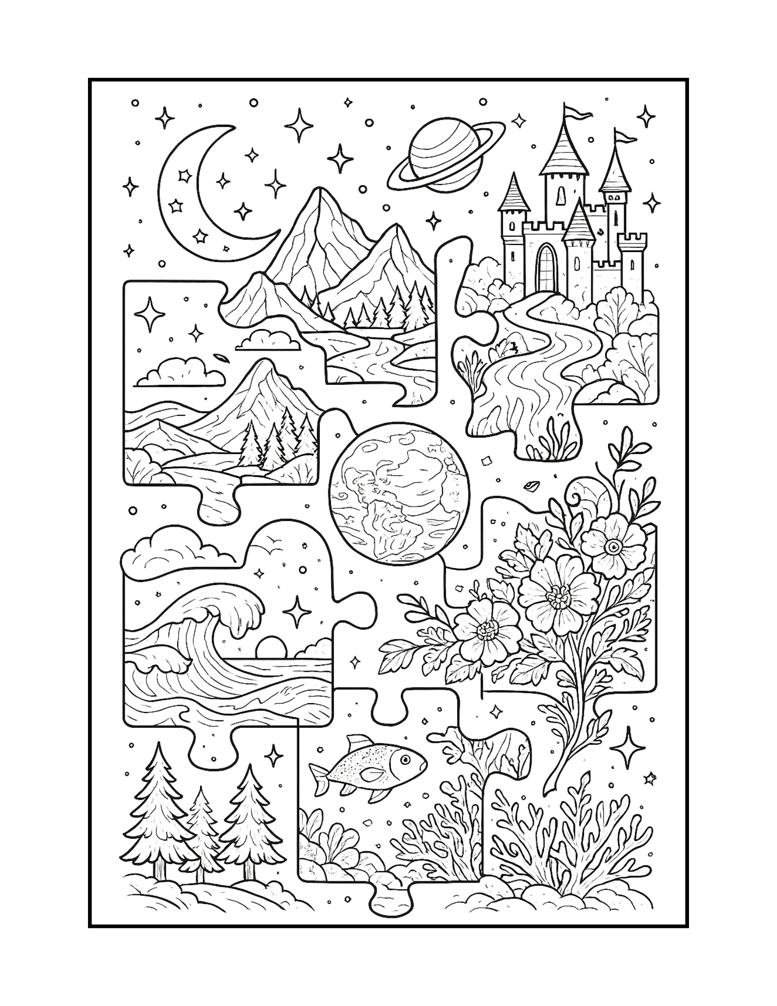 Shattered Realms: An Intricate Coloring Odyssey